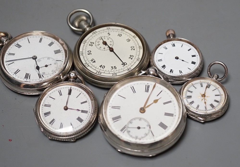 Two silver pocket watches, three silver fob watches and a stopwatch.